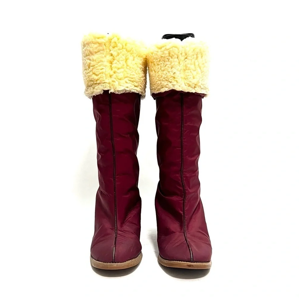 Vintage 1970s maroon nylon faux shearling fold over heeled winter snow boots